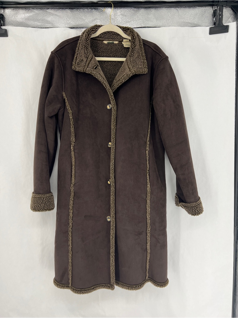 L.L. Bean Dark Brown Faux Shearling Trim Trench Coat